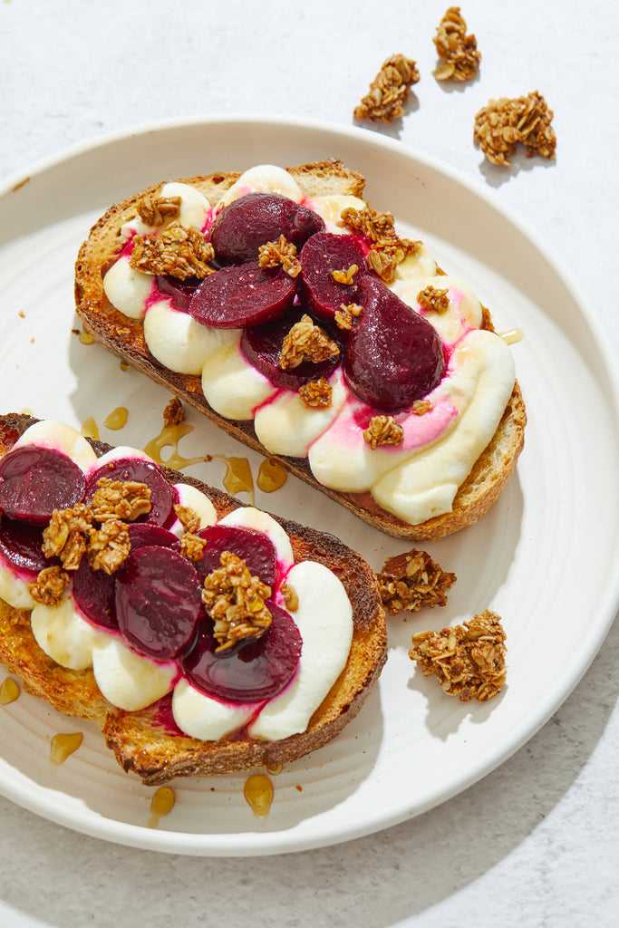 Whipped Ricotta Toast with Beets and Honey Almond Probiotic Granola 