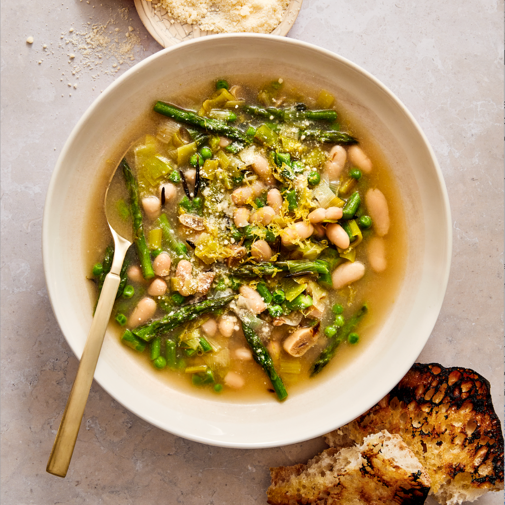 Brothy White Beans with Peas, Asparagus, and Parmesan & Crusty Bread