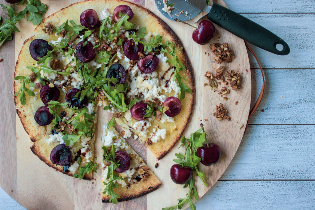 GRILLED PIZZA WITH CHERRY, ARUGULA AND RICOTTA PIZZA