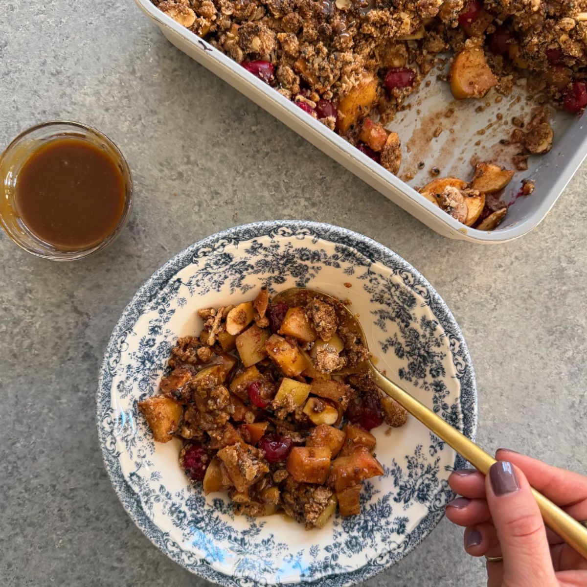 Apple Cranberry Tahini Crumble with Miso Caramel