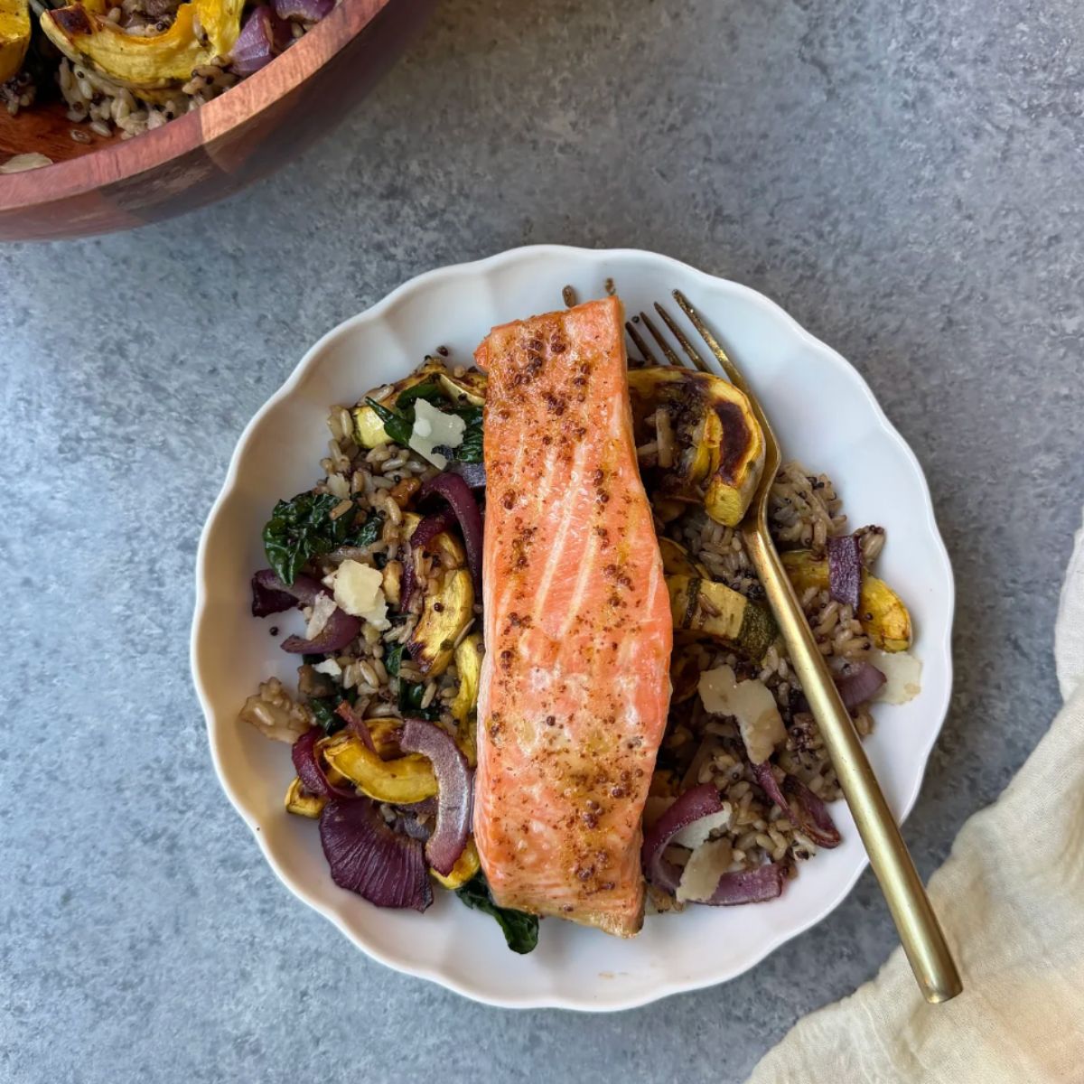 Maple Dijon Salmon Bowls with Roasted Delicata, Kale + Caramelized Onion