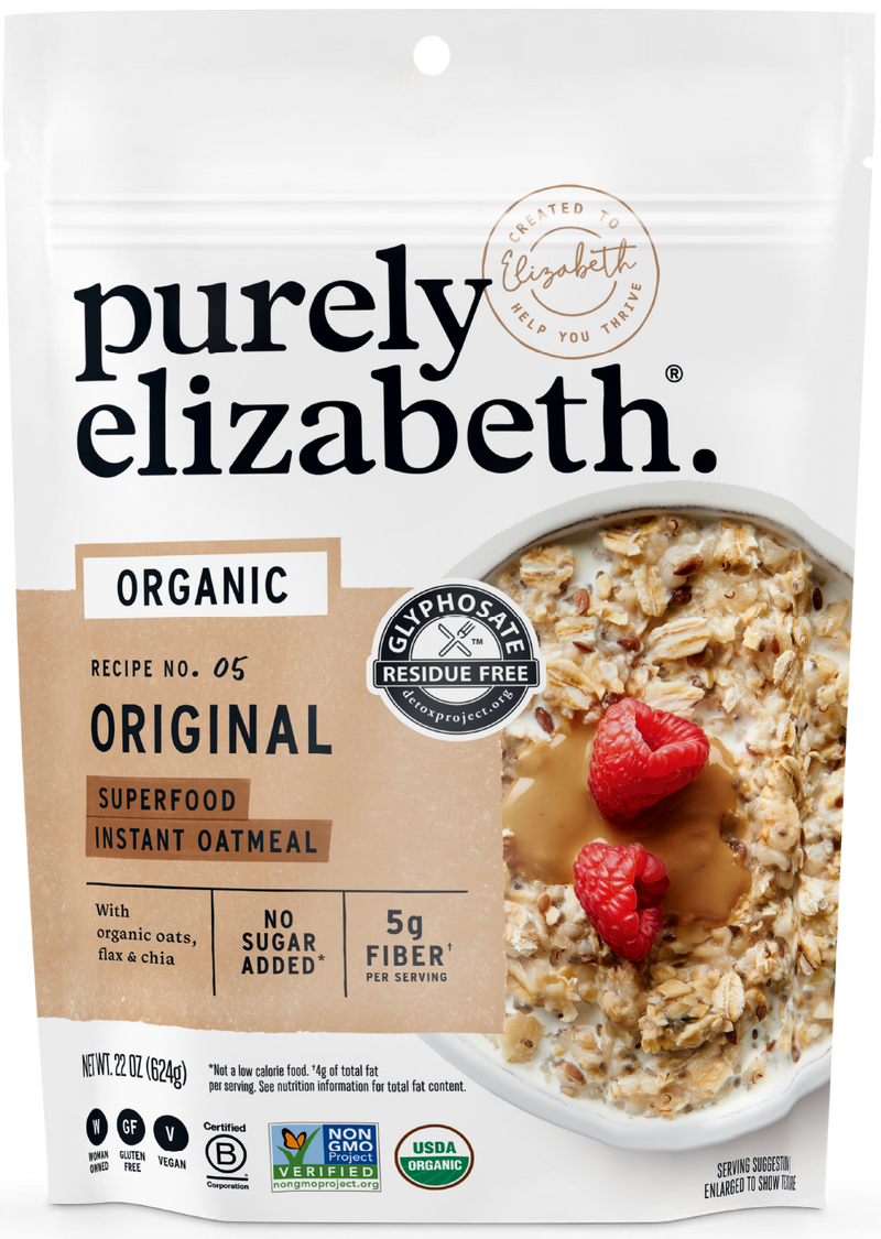 Purely Elizabeth organic instant oatmeal package with a bowl of oatmeal and raspberries.