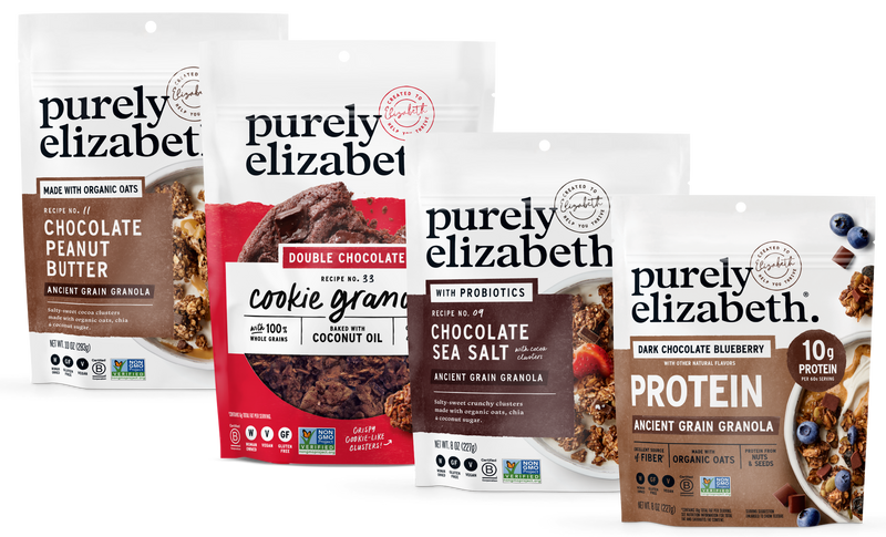 Chocolate Lovers Variety Pack featuring chocolate peanut butter granola, double chocolate cookie granola, Chocolate sea salt Granola and dark chocolate blueberry protein granola.