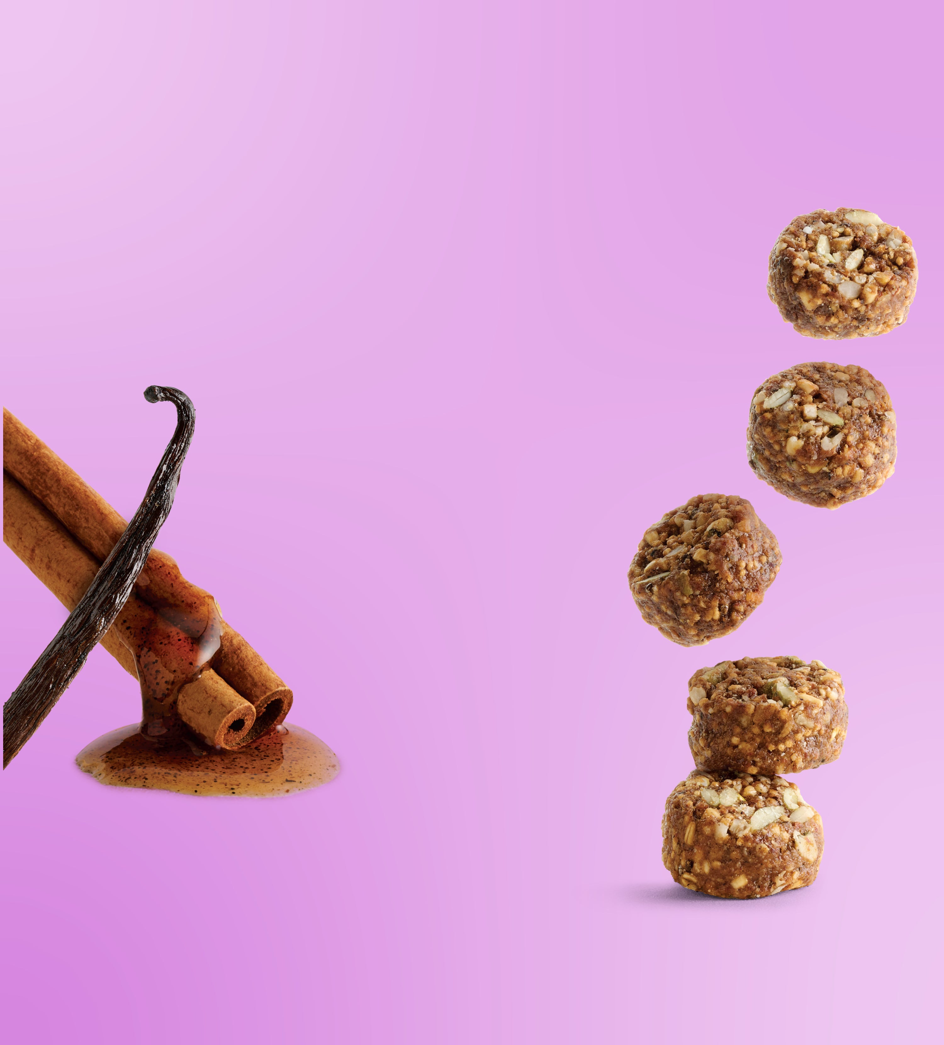 Vibrant pink backdrop with cinnamon sticks a vanilla bean and round nutty granola bites along the right edge
