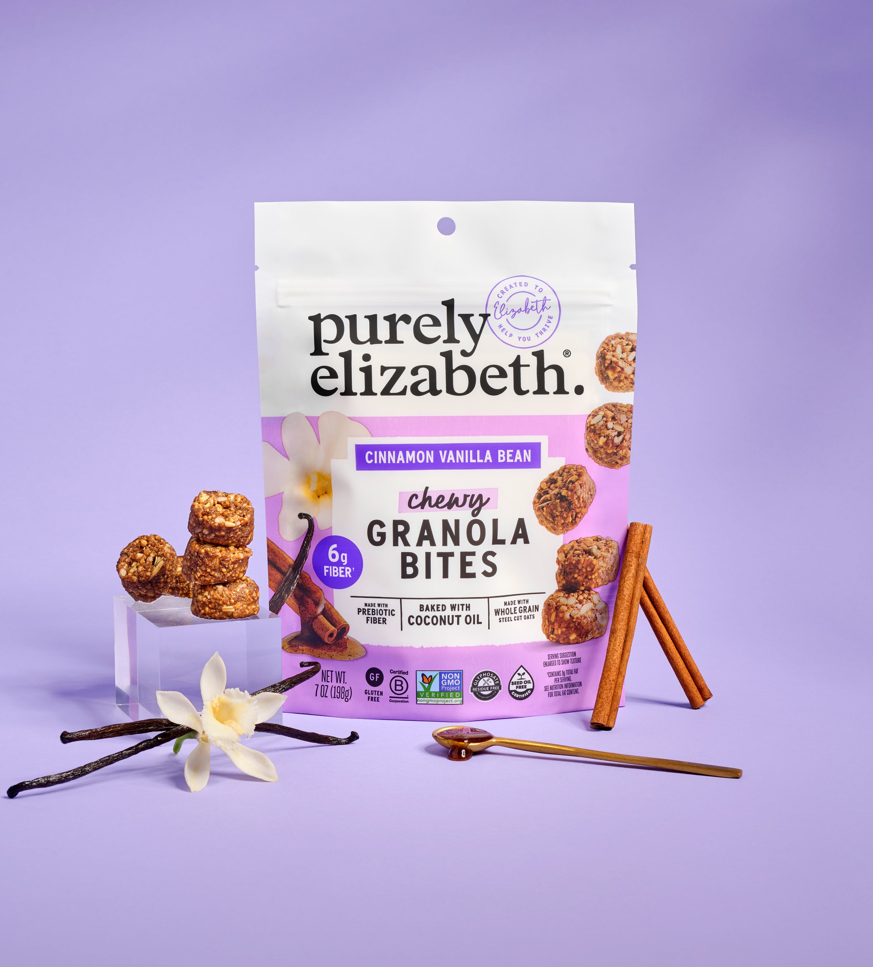 Granola Bites Variety Pack bag on a lavender backdrop with Purely Elizabeth branding
