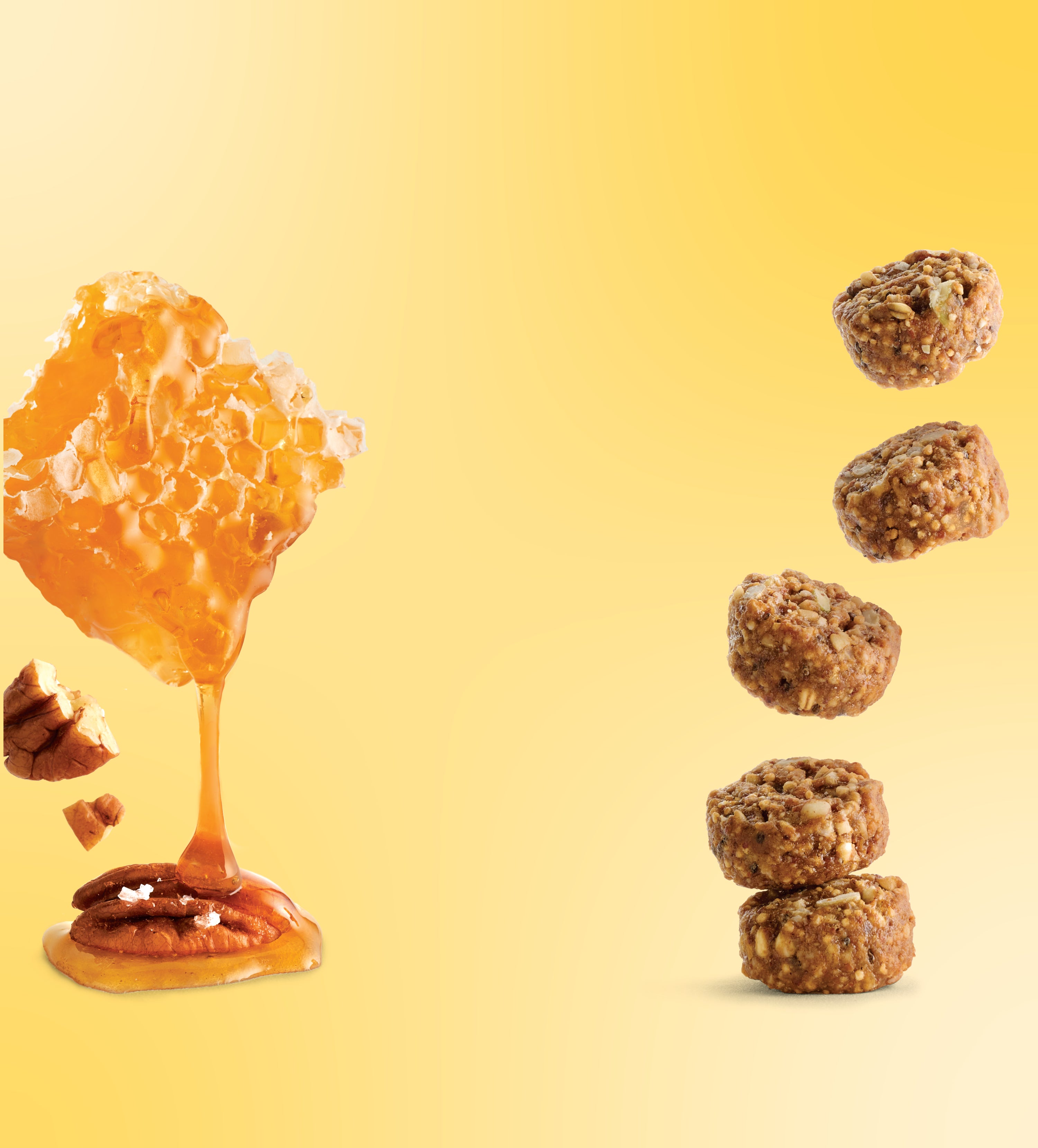 Salted honey pecan granola bites on a warm yellow background with visible honey drizzle and clusters of bites
