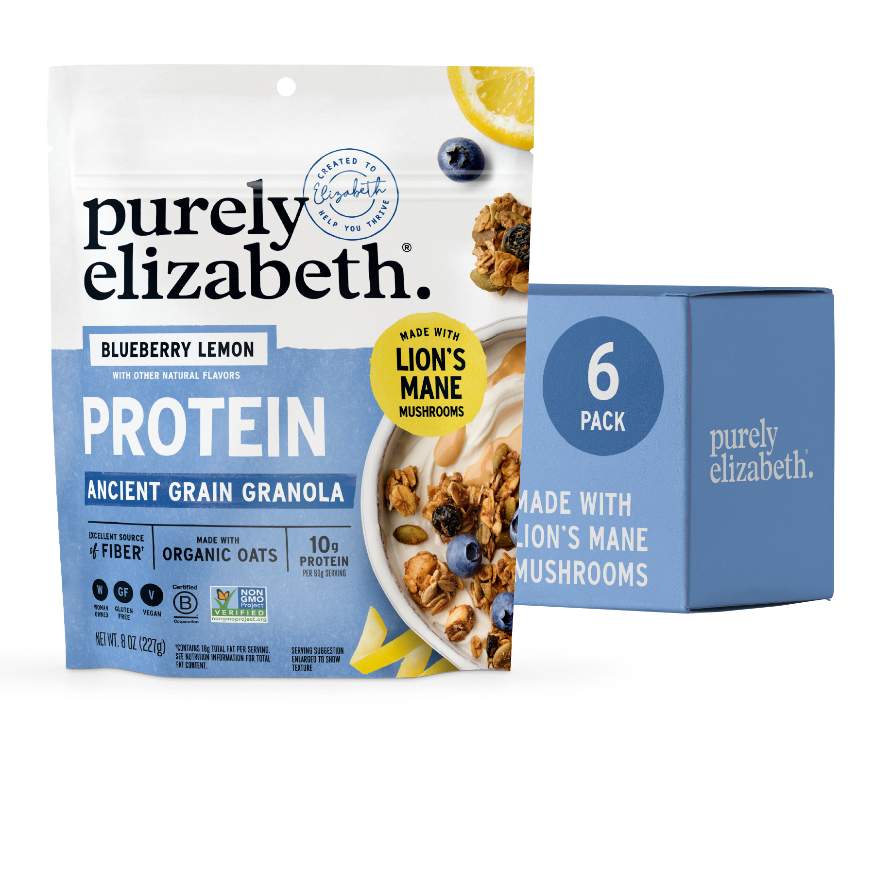 Purely Elizabeth Blueberry Lemon Protein Granola bag with blueberries and granola clusters