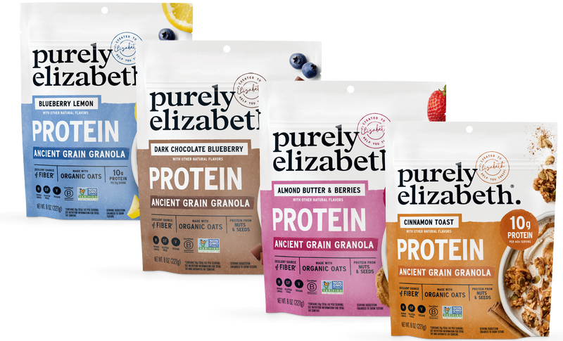Four Purely Elizabeth protein granola bags in Blueberry Lemon, Dark Chocolate Blueberry, Almond Butter & Berries, and Cinnamon Toast flavors