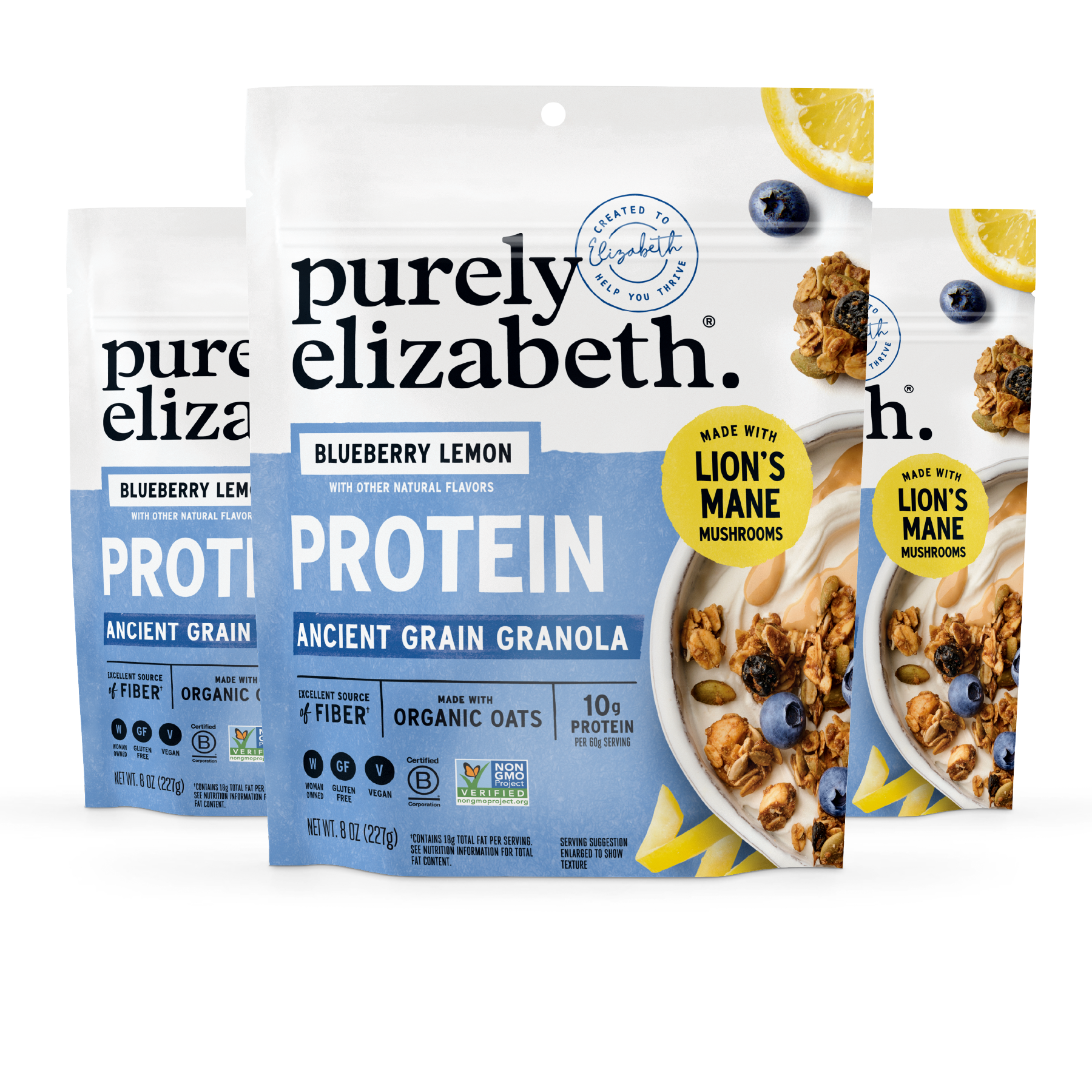 Blueberry lemon protein granola packaging with blueberries and lemon slices on a marble surface